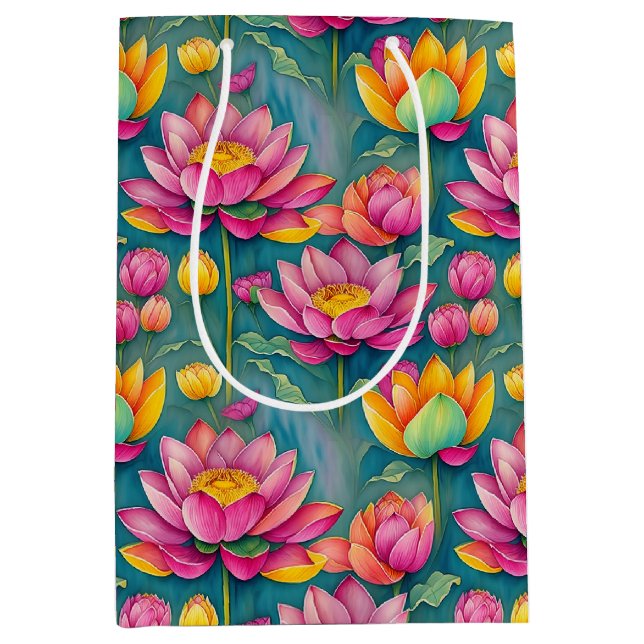 Sac Cadeau Moyen Chic Colorful Lotus Fleur Botanique Vert (Devant)
