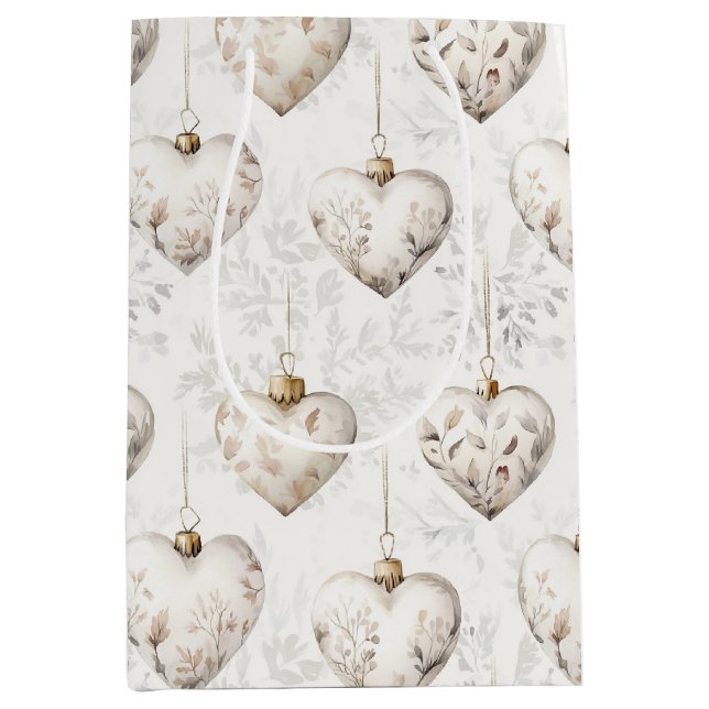 Sac Cadeau Moyen Chic Cream Grey Hearts Ornaments Wedding (Devant)