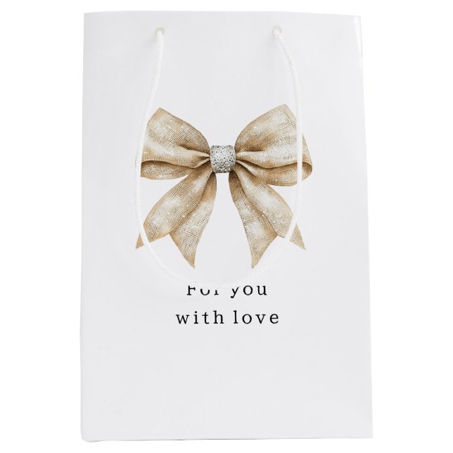 Sac Cadeau Moyen Chic Crème Argent Glam Nœud Mariage (Devant)