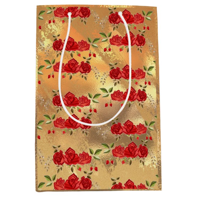 Sac Cadeau Moyen Chic Faux Gold Red Flowers Motif d'art (Devant)