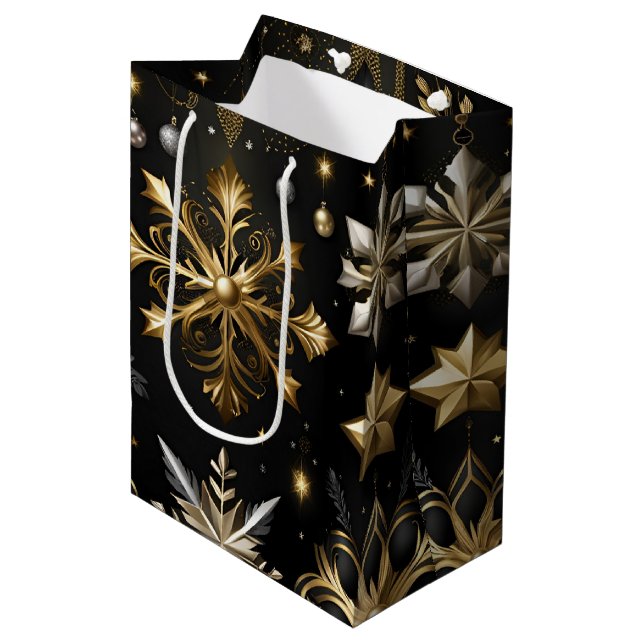 Sac Cadeau Moyen Chic Flocon D'Argent Et D'Or (Devant Angle)