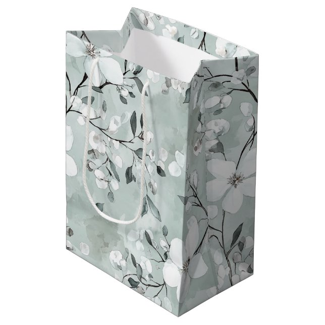 Sac Cadeau Moyen Chic Gris Blanc Bleu Floral Baby Shower (Devant Angle)