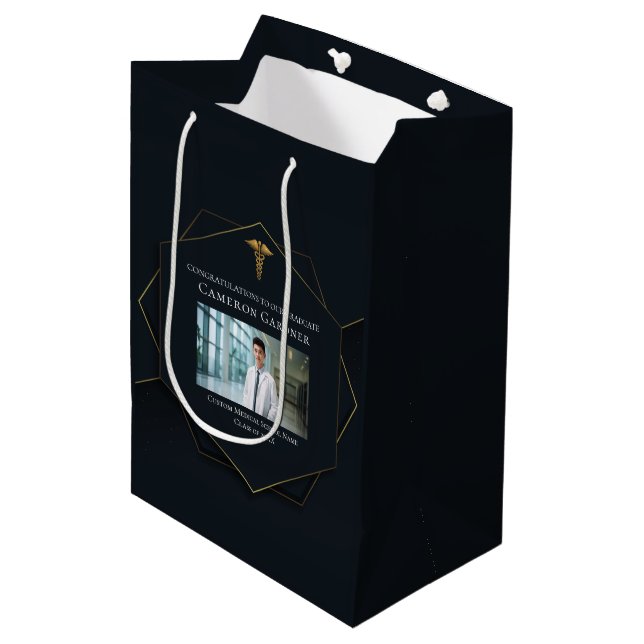 Sac Cadeau Moyen Chic Médicale School Photo Graduation Black Gold (Devant Angle)