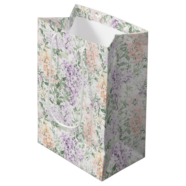 Sac Cadeau Moyen Chic Peach Lilac Lavender Floral Réception de Mari (Devant Angle)