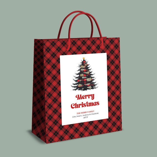 Sac Cadeau Moyen Chic red black plaid tree gift bag editable name (Chic red black plaid tree gift bag editable name)