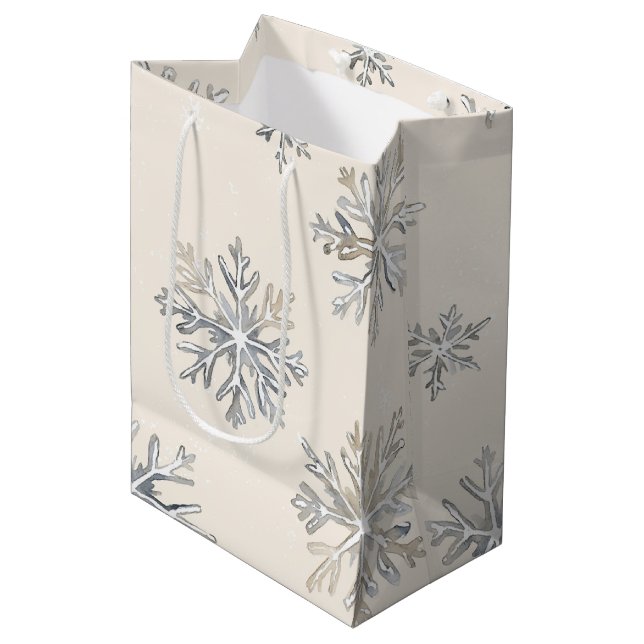 Sac Cadeau Moyen Chic Rustique Crème de Noël Snowflakes (Devant Angle)