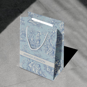 Sac Cadeau Moyen Chic Vintage Bleu Gris Toile de Jouy Campagne