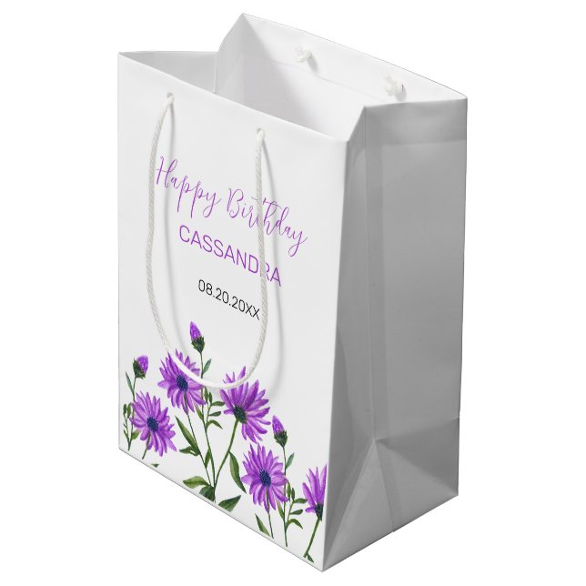 Sac Cadeau Moyen Chic violet Xeranthemum Floral Anniversaire (Dos Angle)