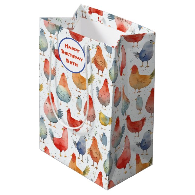 Sac Cadeau Moyen Chickens Aquarelle Ajouter un nom Anniversaire (Dos Angle)