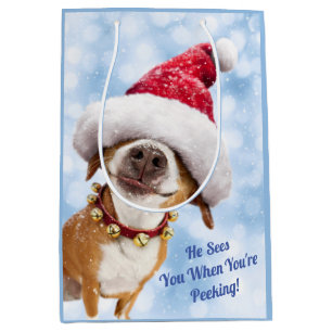 Sac Cadeau Moyen Chien avec un grand chapeau de Père Noël