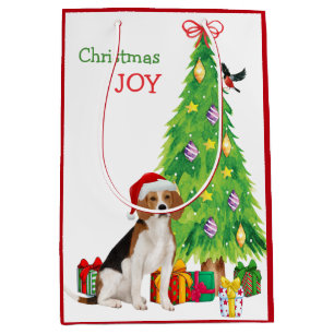 Sac Cadeau Moyen Chien Beagle mignon Santa Hat et sapin de Noël