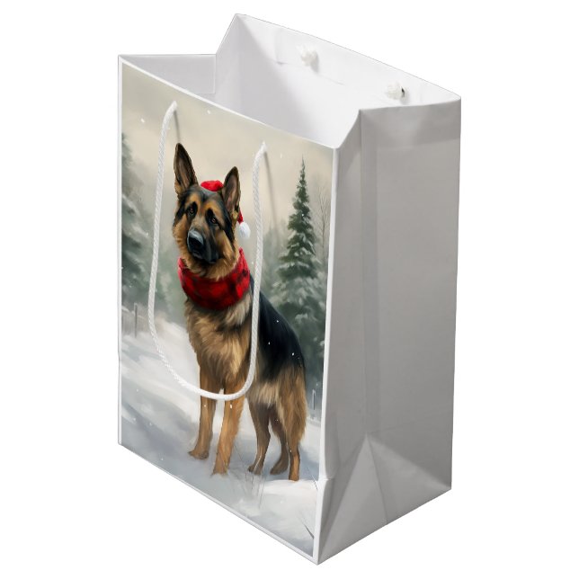 Sac Cadeau Moyen Chien berger allemand en Noël de neige (Devant Angle)