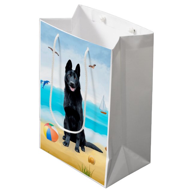 Sac Cadeau Moyen Chien berger allemand noir sur la plage (Devant Angle)