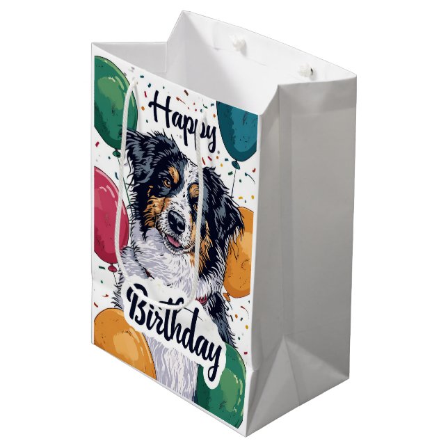 Sac Cadeau Moyen Chien berger australien avec ballons Anniversaire (Devant Angle)