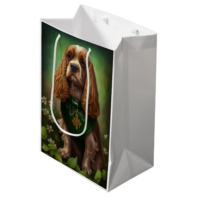 Sac Cadeau Moyen Chien Cocker Spaniel en robe de la Saint-Patrick (Devant Angle)