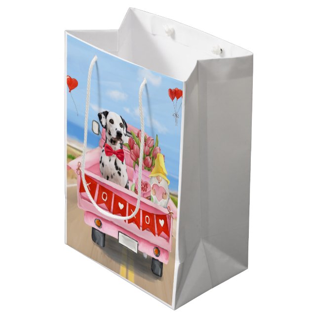 Sac Cadeau Moyen Chien dalmate Saint Valentin Coeurs de Camion (Devant Angle)