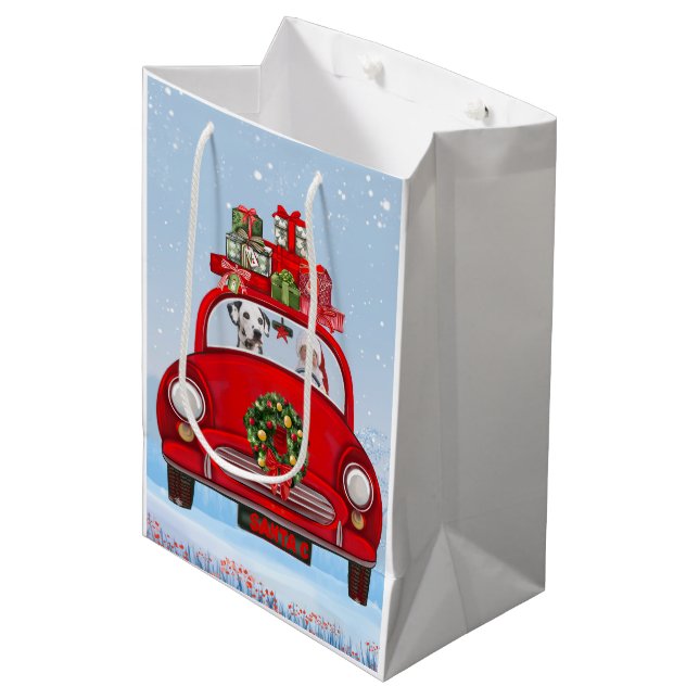 Sac Cadeau Moyen Chien Dalmatien En Voiture Avec Le Père Noël (Devant Angle)