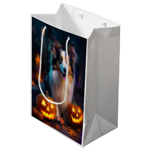 Sac Cadeau Moyen Chien de berger des Shetland Halloween avec citrou