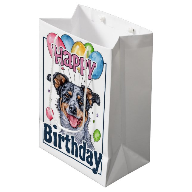 Sac Cadeau Moyen Chien de Bétail Australien avec Ballons Anniversai (Devant Angle)