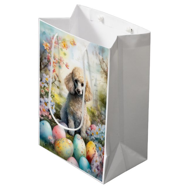 Sac Cadeau Moyen Chien de caniche avec Oeufs de Pâques Fête (Devant Angle)