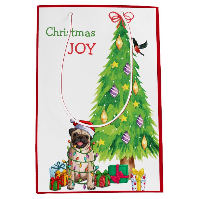 Sac Cadeau Moyen Chien de Carlin mignon Santa Hat et sapin de Noël (Devant)