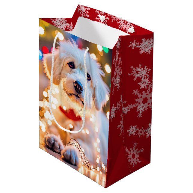 Sac Cadeau Moyen Chien De Noël Aux Lumières Tangées (Devant Angle)