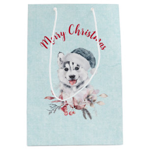 Sac Cadeau Moyen Chien de Noël Husky dans un chapeau de Père Noël