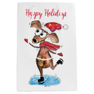 Sac Cadeau Moyen Chien de Noël Whimsical sur patins à glace