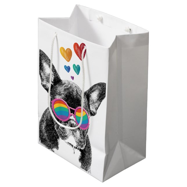 Sac Cadeau Moyen Chien de taureau avec Coeurs Saint-Valentin (Devant Angle)