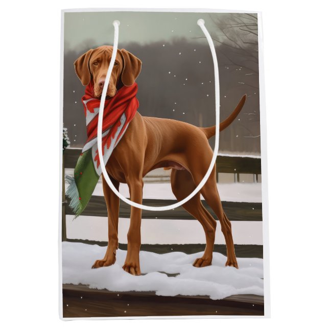 Sac Cadeau Moyen Chien de Vizsla à Noël de neige (Devant)