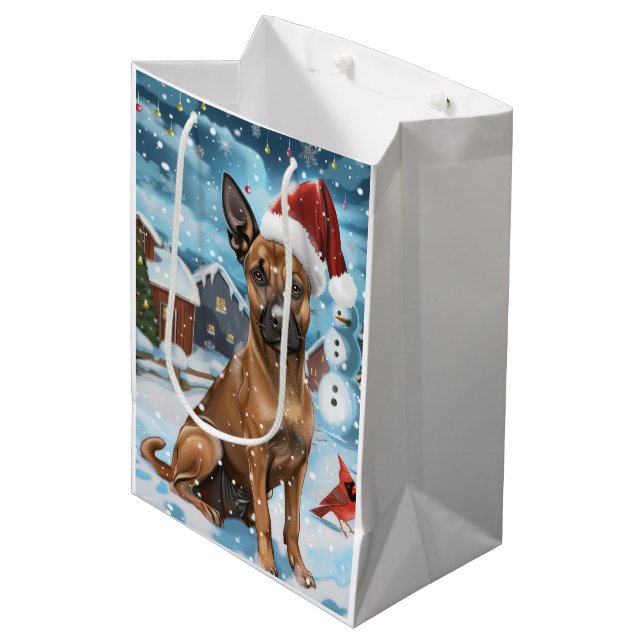 Sac Cadeau Moyen Chien d'hiver belge Malinoi Wonderland Noël (Devant Angle)