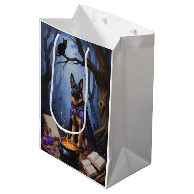 Sac Cadeau Moyen Chien Malinois belge Peinture d'Halloween lunaire (Devant Angle)