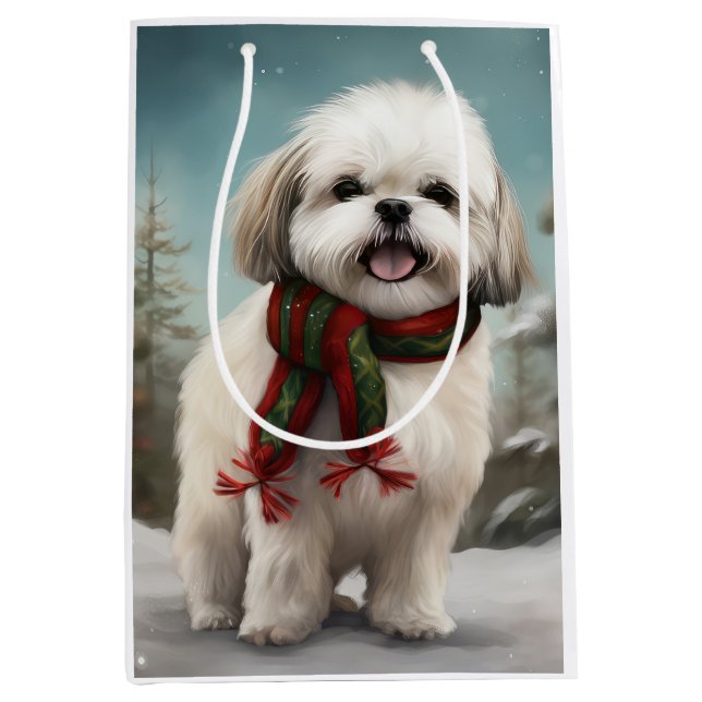 Sac Cadeau Moyen Chien Malti Tzu à Noël de neige (Devant)