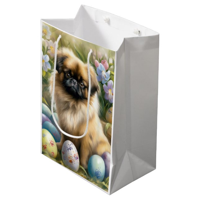 Sac Cadeau Moyen Chien pekingese avec oeufs de Pâques vacances (Devant Angle)