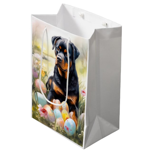 Sac Cadeau Moyen Chien Rottweiler avec Oeufs de Pâques Fête (Devant Angle)