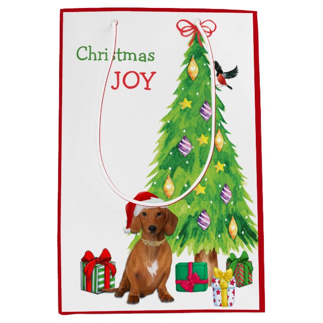 Sac Cadeau Moyen Chien rouge Dachshund Santa Hat et sapin de Noël (Devant)