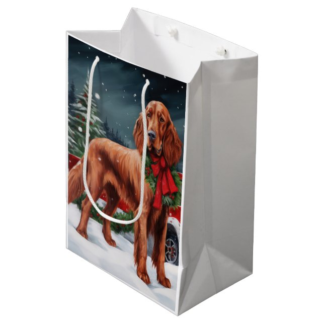 Sac Cadeau Moyen Chien rouge irlandais à la neige Noël (Devant Angle)