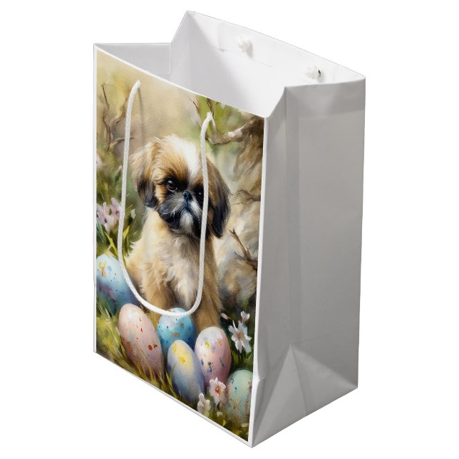 Sac Cadeau Moyen Chien Shih Tzu avec Oeufs de Pâques Fête (Devant Angle)