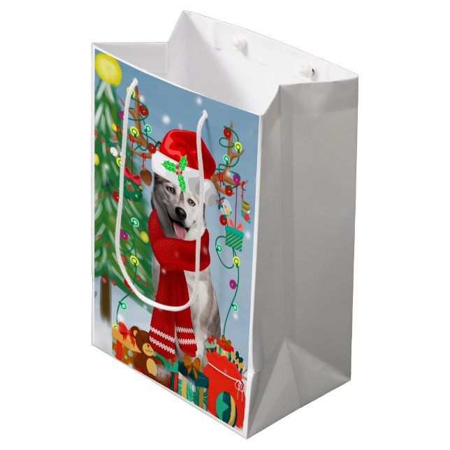 Sac Cadeau Moyen Chien sibérien Husky à Noël de neige (Devant Angle)