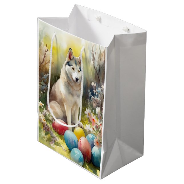 Sac Cadeau Moyen Chien sibérien Husky avec oeufs de Pâques vacances (Devant Angle)