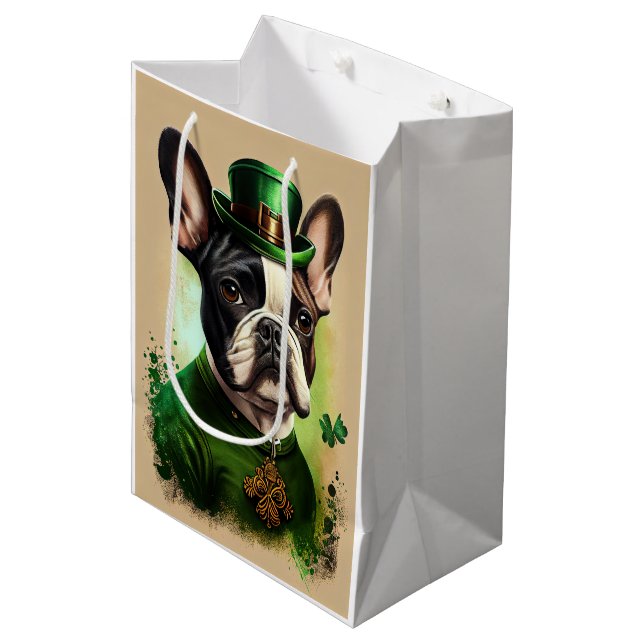 Sac Cadeau Moyen Chien-taureau français en tenue de la Saint Patric (Devant Angle)