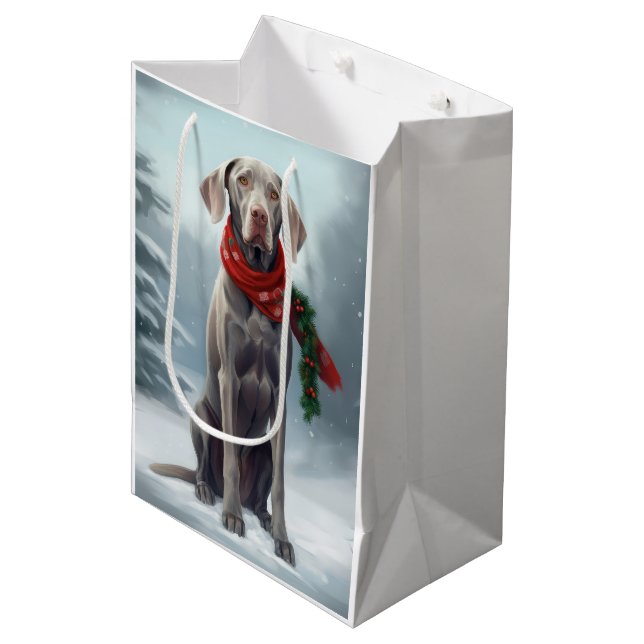 Sac Cadeau Moyen Chien Weimaraner à Noël de neige (Devant Angle)
