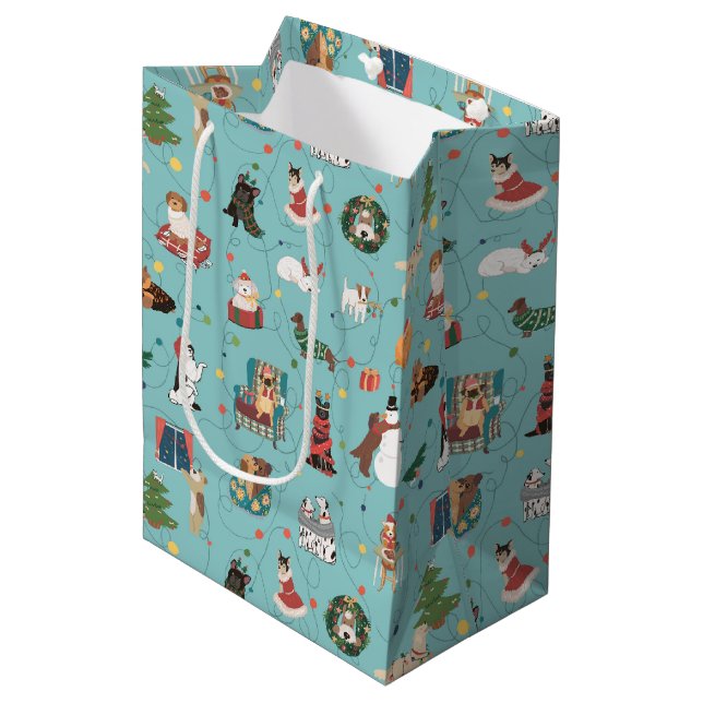 Sac Cadeau Moyen Chiens de Fêtes en Motif de pulls de Noël (Devant Angle)