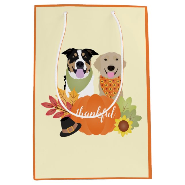 Sac Cadeau Moyen Chiens de grâce Thanksgiving Citrouilles de récolt (Devant)