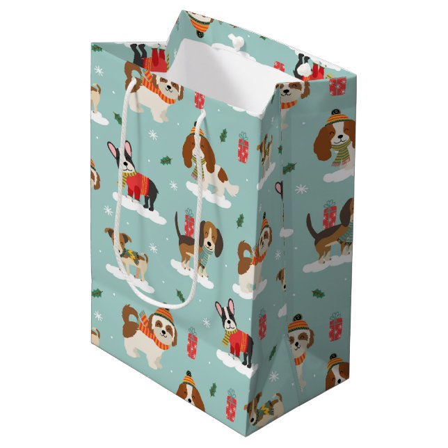 Sac Cadeau Moyen Chiens de Noël en Motif d'Écharpes douillettes (Devant Angle)