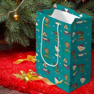 Sac Cadeau Moyen Chiens de Noël mignons sur Motif Sleds