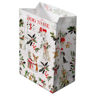 Sac Cadeau Moyen Chiens de Noël & Motif de verdure