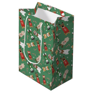 Sac Cadeau Moyen Chiens de Noël Motif Rouge Vert