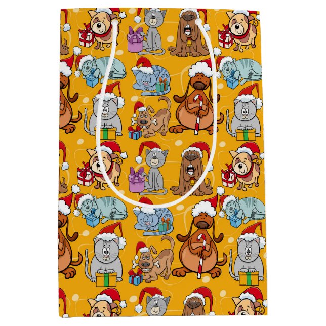 Sac Cadeau Moyen Chiens et chats de Noël festifs  (Devant)