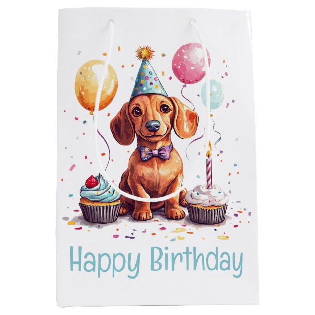 Sac Cadeau Moyen Chiens teckel d'anniversaire (Devant)